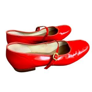 Vintage 1970s Red Patent Leather Mary Jane Flats Wooden Heel Made IN USA SZ-7.5